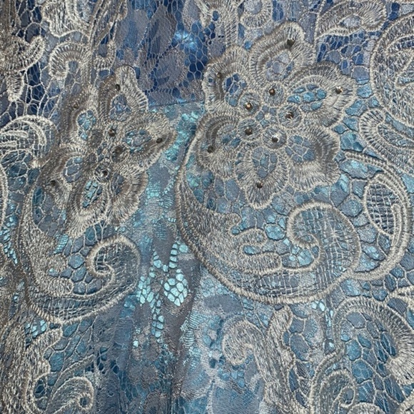 Maxi Gown Backless Light Blue Sz S Illusion Neckline Light Blue Lace Maxi Dress - Picture 10 of 10